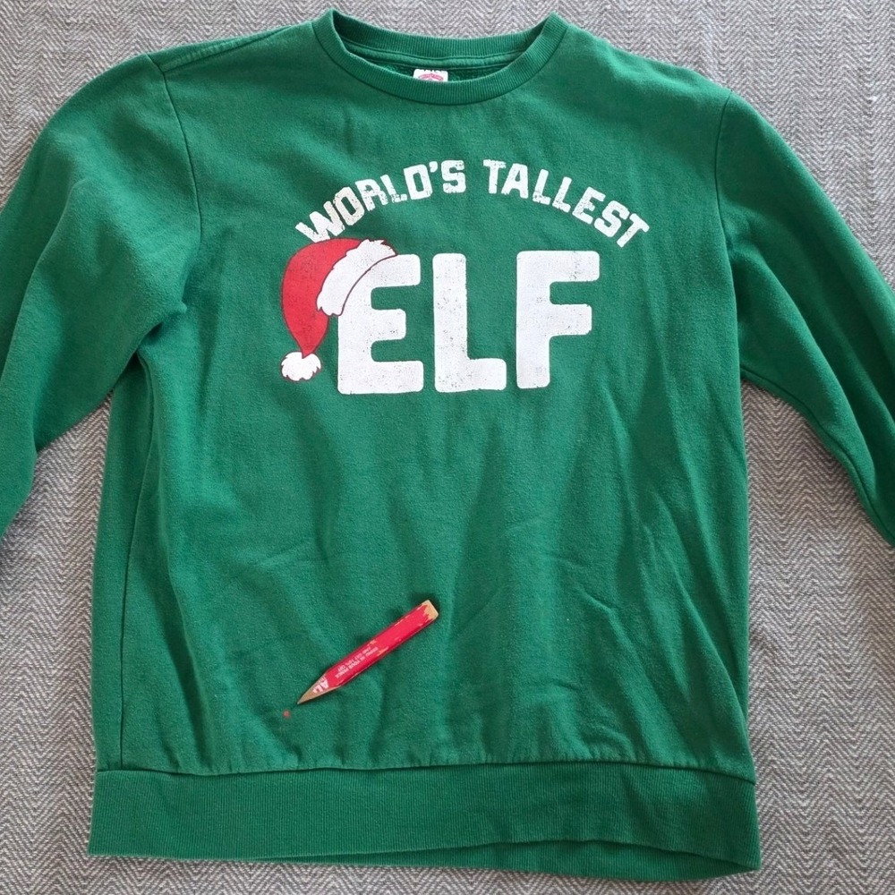 Holiday Time Worlds Tallest Elf Christmas Sweatshirt Green Mens Medium 38-40